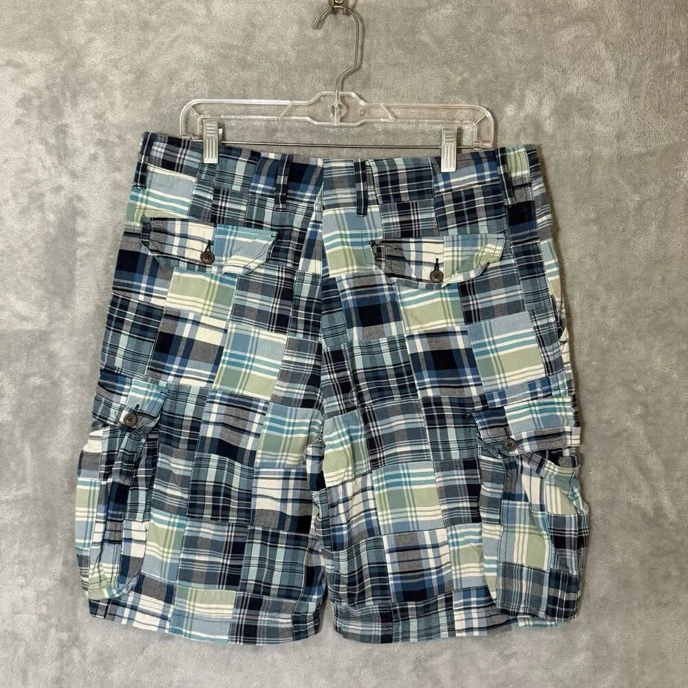 J.Crew Mens 32 Blue Patchwork Madras Plaid Cargo Shorts Beachy 100% Cotton